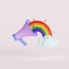 Megaphone with Rainbow Flag. Lgbt community. Loudspeaker announcing pride month.  3d render illustration.