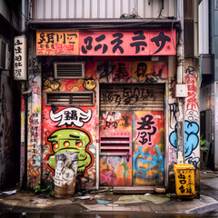 Fototapeta na wymiar Japanese Graffiti on street wall, 80s style, Generative AI