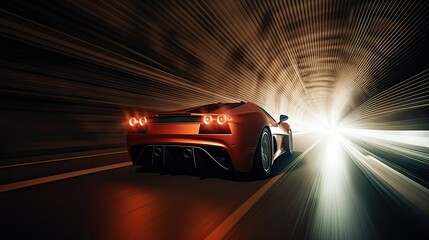 Fototapeta na wymiar Futuristic Sports Car On Neon Highway. Powerful acceleration of a supercar on a night track with colorful lights and trails. 3d illustration. Generative Ai.