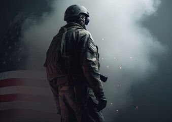 4th of July concep. portrait of A soldier in front of a flag of the USA. The soldier with the gun in front of a flag. portrait soldie standing in front of usa flag. Non-existent person. Generative Ai