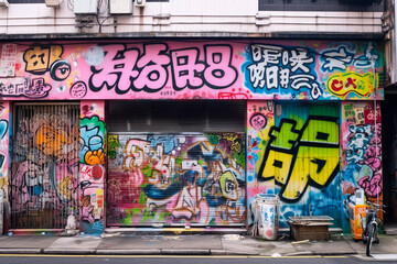 Japanese Graffiti on street wall, 80s style, Generative AI