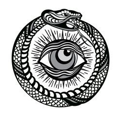 Tattoo of All Seeing Eye inside Snake Knot. Hand drawn Masonic Symbol on white background. Vector illustration.