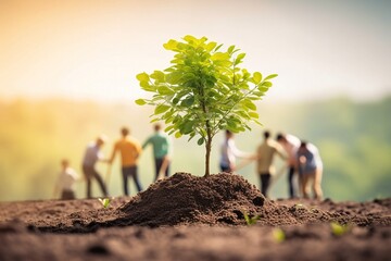 Environmental cooperation. Unity of businesspeople and community together plant trees for sustainable development goals. Future environmental conservation and sustainable ESG Generative AI