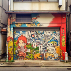 Japanese Graffiti on street wall, 80s style, Generative AI
