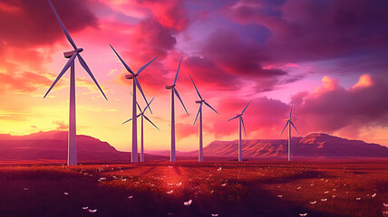 Several windmill generating clean ecological electricity, sustainable development. Generative ai