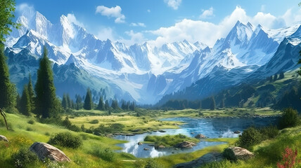 Fototapeta na wymiar View of Mont Blanc and Lac Vert in Alps mountains near Chamonix, France. Generative ai