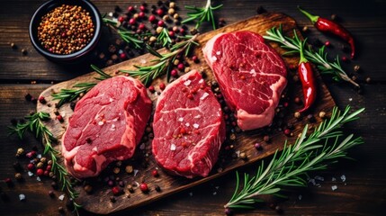 Fresh raw beef steaks. Generative AI - obrazy, fototapety, plakaty