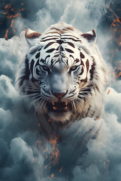 White tiger with a fire and smoke - Generative AI