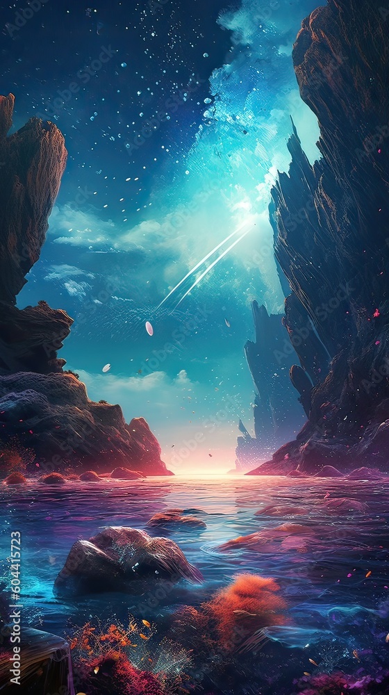 Wall mural night landscape with colorful milky way at sea. starry sky with the sea at night scence beautiful un