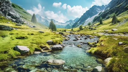 Panorama of torrent stream, lake, green valley in Alps mountains. Generative ai