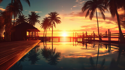 Fototapeta na wymiar Luxury beach hotel resort, scenic tropical landscape with swimming pool. Generative ai