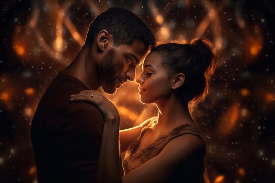 Portrait Of A Passionate Couple In Love Over Fire Background. Valentine's Day.