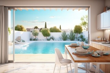 Fototapeta premium small kitchen with pool in the resort with view city background