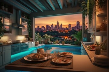 Obraz premium small kitchen with pool in the resort with view city background
