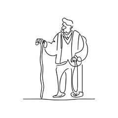 One line vector illustration. Old grandfather with a stick in his hand.