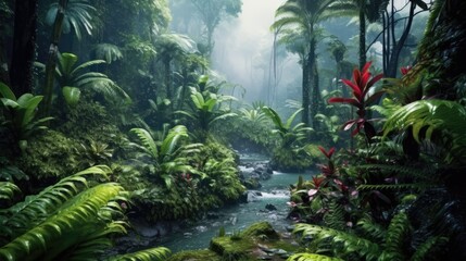 Tropical forest in the rain. Generative AI - obrazy, fototapety, plakaty