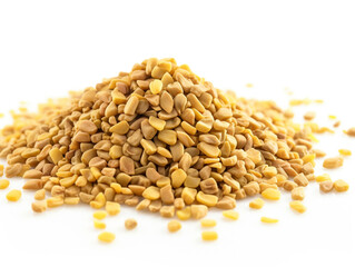 A pile of brown lentils on a white background