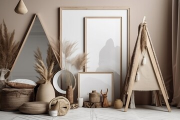 Experience the rustic charm of a nomadic boho interior with a mockup frame against a captivating background. Immerse yourself in the ambiance of rustic decor through a stunning 3D render.