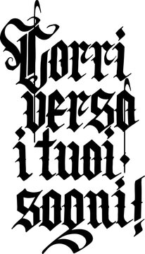 Vector phrase follow your dreams in italian language hand whitten by gothic letters. Black lettering elements for design card, poster, print.