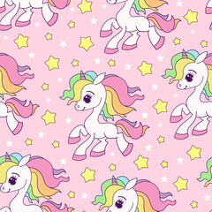 Seamless pattern with white rainbow unicorns and stars on a pink background. For kids design wallpaper, backgrounds, fabric, wrapping paper. scrapbooking and so on.. Vector
