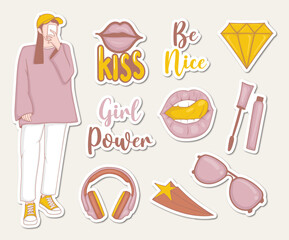 Girl powers stickers Collection with girl illustration and some elements