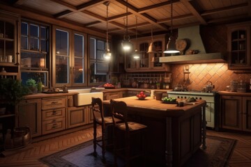 vintage kitchen in the style wooden view on the night background
