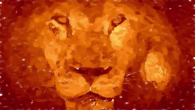 Digital animation of lion head portrait. Artificial intelligence concept of acrylic computer generated painting