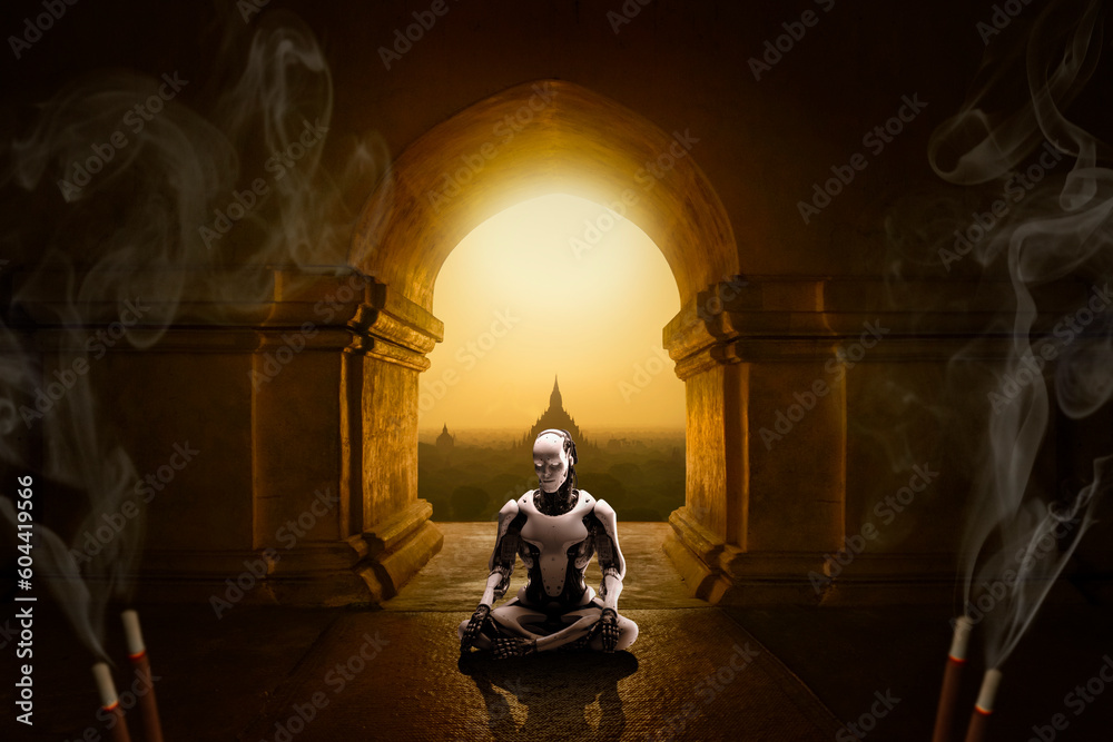 Wall mural robot meditating in the buddhist temple ai generative