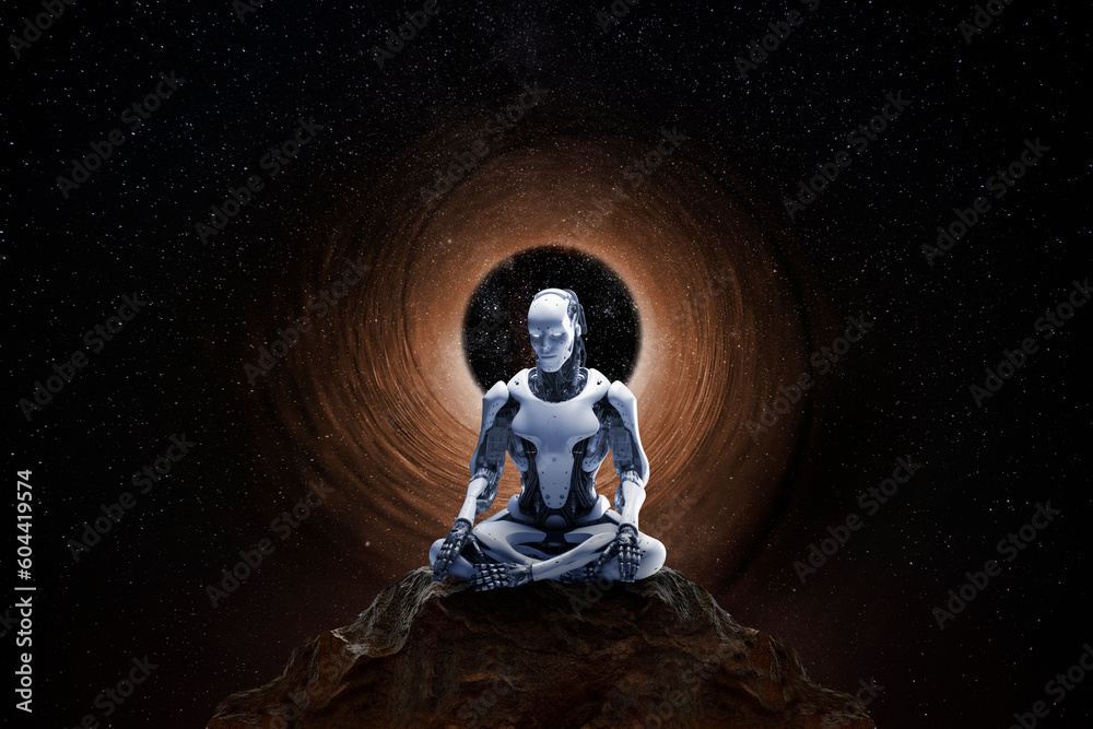 Wall mural robot meditating in front of the tunnel. ai generative