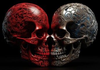 Two skulls terminator look at each other black background. Generative Ai.