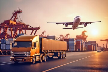Integrated Transport: Comprehensive Business Logistics with Plane, Truck, and Train - obrazy, fototapety, plakaty