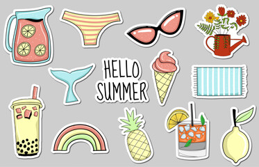 Colorful Hand drawn summer element stickers collection