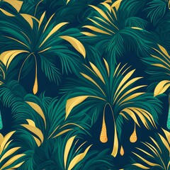 Fototapeta na wymiar Palm trees and palm leaves. Green palm tree leaves seamless pattern in green yellow colors. Art texture for textile, generative AI