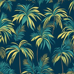 Fototapeta na wymiar Palm trees and palm leaves. Green palm tree leaves seamless pattern in green yellow colors. Art texture for textile, generative AI