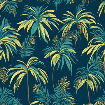 Palm trees and palm leaves. Green palm tree leaves seamless pattern in green yellow colors. Art texture for textile, generative AI © natalyamatveeva