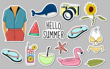 Colorful Hand drawn summer element stickers collection