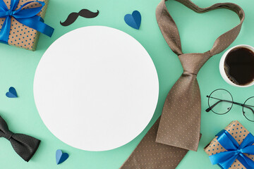 Father's Day honoring concept. Top view flat lay of gift boxes, coffee, men's accessories, mustache, glasses and hearts on teal background with blank circle for text or promotion