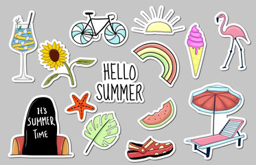 Colorful Hand drawn summer element stickers collection