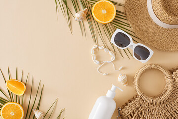 Summer getaway concept. Top view flat lay of  stylish bag, sunhat, sunglasses, sunscreen bottle, orange fruit slices, palm leaves and seashells on light beige background with empty area for text