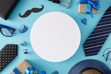 Father's Day festivity concept. Top view flat lay of gift boxes, male accessories, glasses, black...