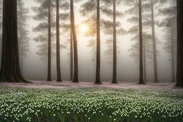 Flowering forest on foggy sunset sunrise, spring floral botanic nature background wallpaper. Wild forest flowers snowdrops, 