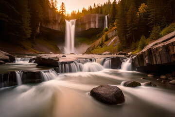 Fantasy landscape with waterfalls at sunset