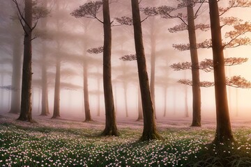 Flowering forest on foggy sunset sunrise, spring floral botanic nature background wallpaper. Wild forest flowers snowdrops, 