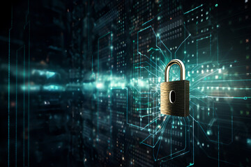 Cybersecurity and data protection. Brass lock on computer interface background. AI Image.