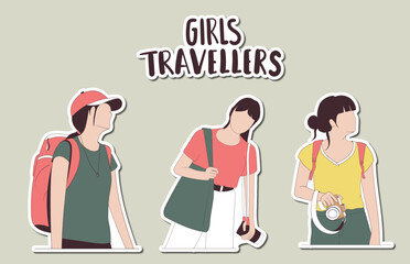 Colorful Hand Drawn Girl Travelers Stickers