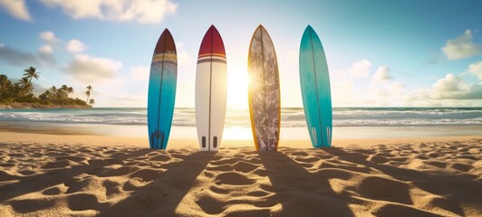 Surf surfing sport seascape summer vacation holiday waves travel sea background panorama - four colorful surfboards on the sand beach, coastline (Generative Ai)
