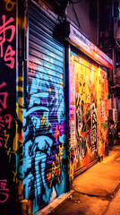 Obraz premium Japanese Graffiti on street wall, neon light, street art by night, Generative AI