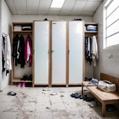 A messy locker room with dirty floor with objects on the floor, generative AI picture - obrazy, fototapety, plakaty