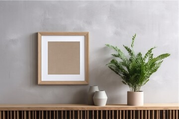 AI Generated Empty wooden picture frame mockup in home hanging in the wall background