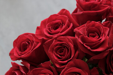 Red beautiful roses, bouquet. Congratulation, love concept. Floral background.